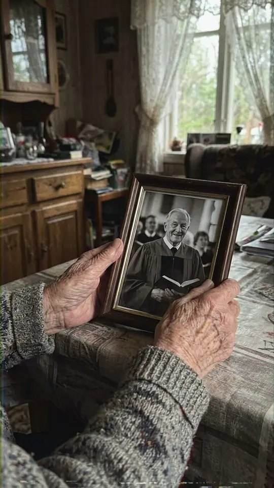 Mrs. Ottleigh holds Harold's framed photo